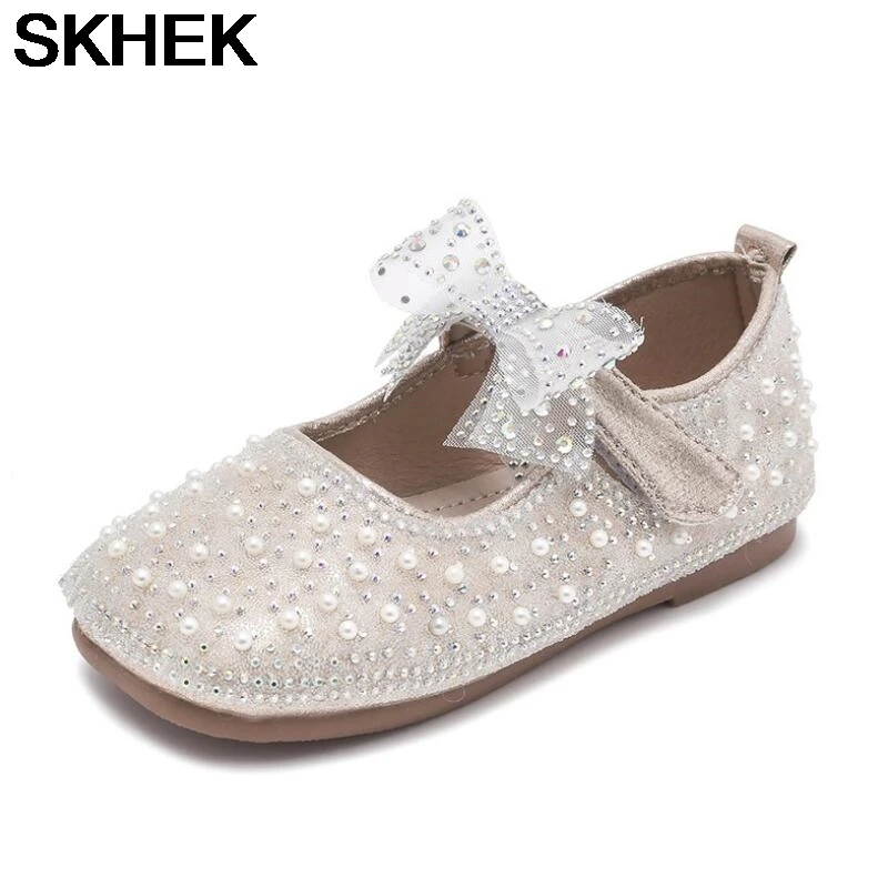 

SKHEK Children's Flats Lace Big Flower Princess Party Performance Shoes Student Girl Shoes for Kids Soft Sole Leather Flats