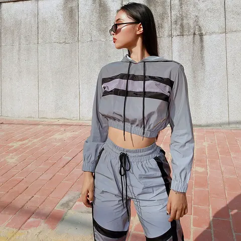 Hip Hop Reflective 2 Piece Set Women Tracksuit Hoodies Crop Top Pants Fashion Female Loose Jacket Coat Matching Sets Plus Size