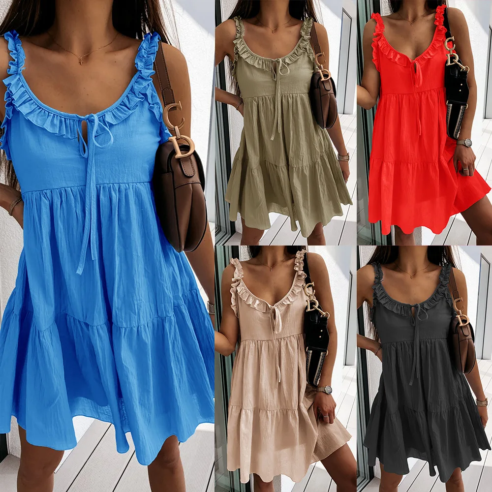 

Ruffle Stitching A-Line Pullover Summer Dress 2021 Sexy V-Neck Strap Ruffle Dress Casual Loose Sleeveless Mini Dresses For Women
