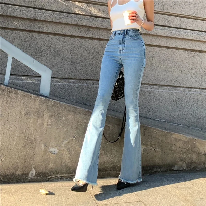 Womens High Waist Jeans 2021 Flare Denim Pants for Ladies Fashion Stretch Pocket Trousers Black Blue Slim Skinny Jean Femme