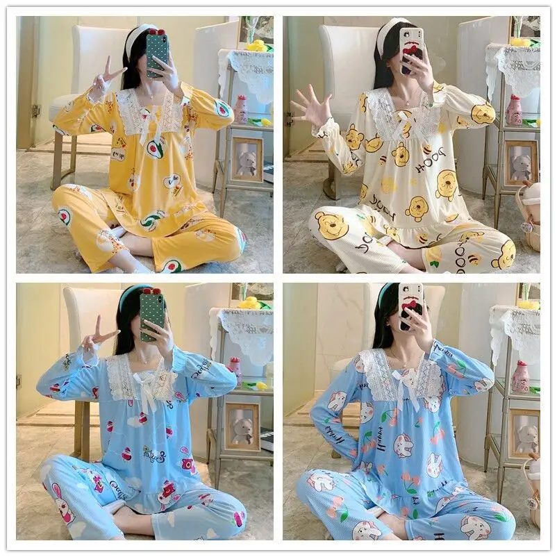 Women's Pajamas Sets Thin Long-sleeved Milk Silk 2021 Spring and Autumn Suit Home Service Sleepwear Clothes pijama feminino