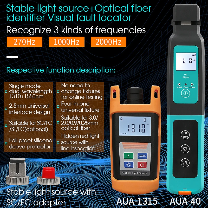 

FTTH Optical Light Source Portable 1310 1550nm +AUA-40 Live Fiber Identifier Optical Fiber Identif VFL 10MW