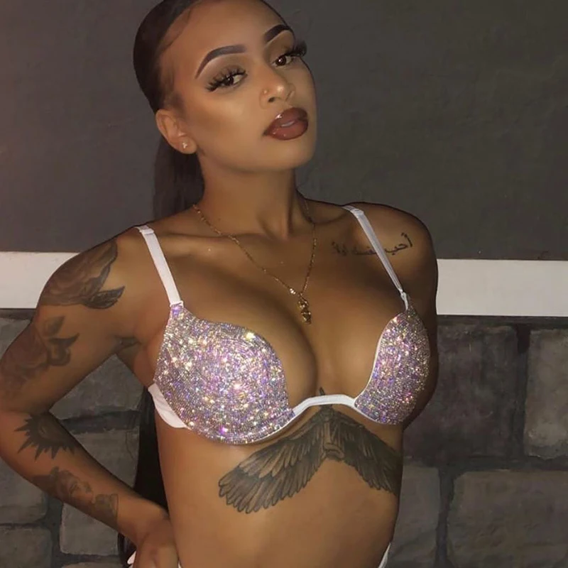 

Bling Rhinestone Lady Bikini Bra Sexy Low Cut Backless Bandage Crop Tops Summer Fashion Shiny Diamonds Swimwear Luxury Women Bra