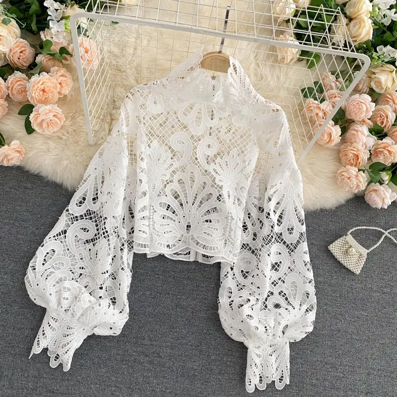 Lace Sexy Hollow Out Stand Collar Shirt Solid Color 2021 All-match Zip Femme Blusas Chic Lantern Sleeve Women Blouses