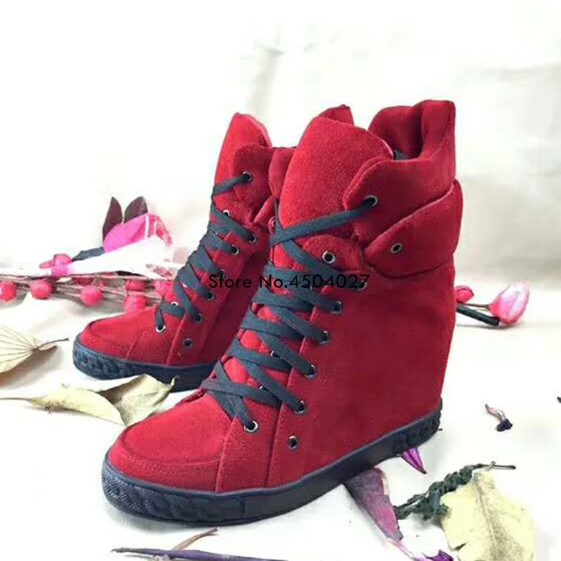 

Женские ботинки на танкетке, красные, синие, повседневные, со шнуровкой