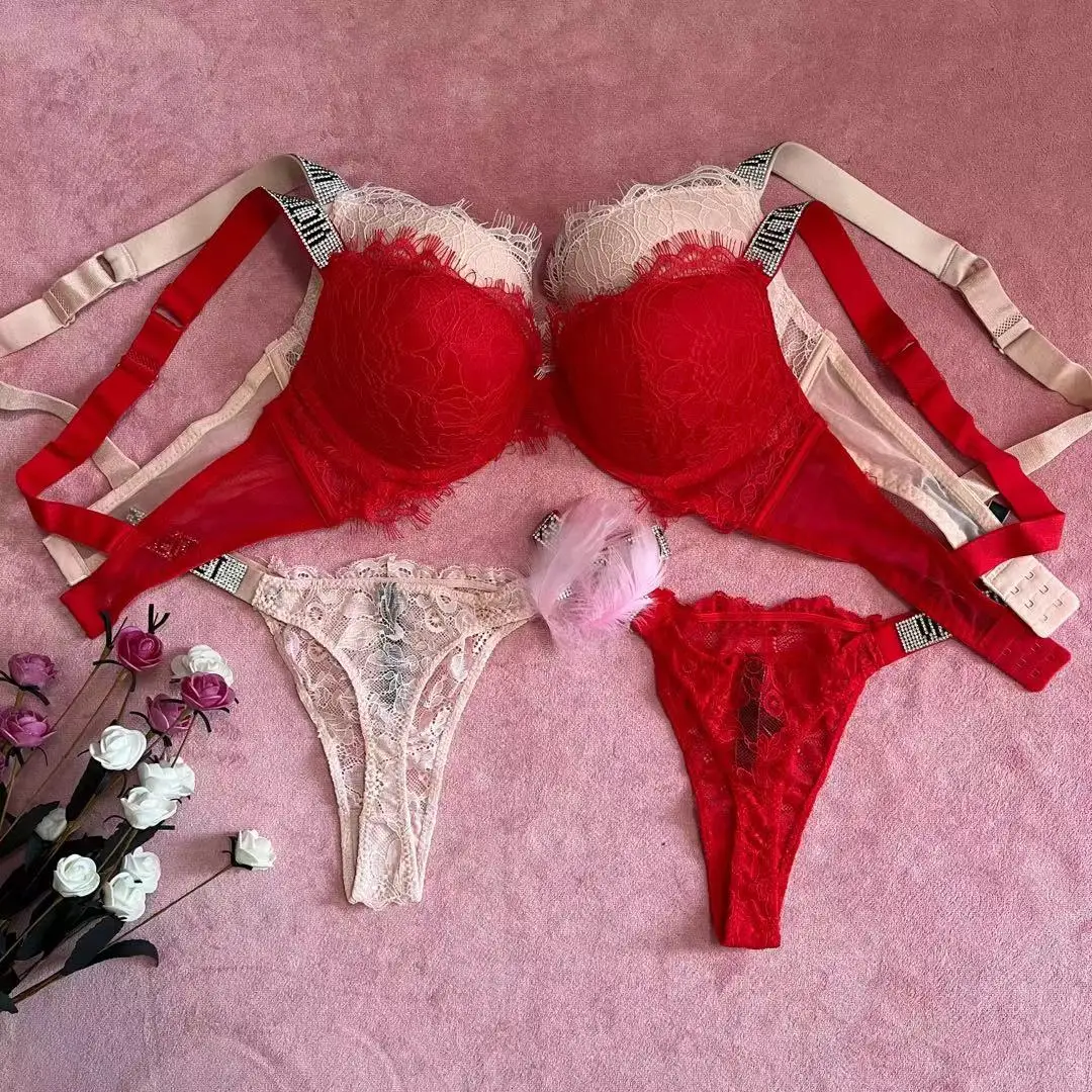 

Sexy Lace lingerie Letter Secret Underwear Rhinestone Bikini Thong Panties Lingerie Women Bra Set Adjustable Push-up Party Gift