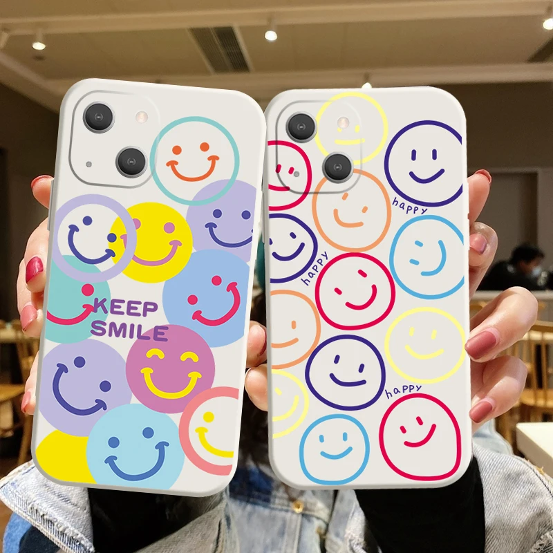 

Fashion Lovely Cartoon Smiling Face Phone Case For iPhone 11 11Pro XS MAX XR 7 8 Plus 12 13 Pro Max Candy Matte Silicone Cover