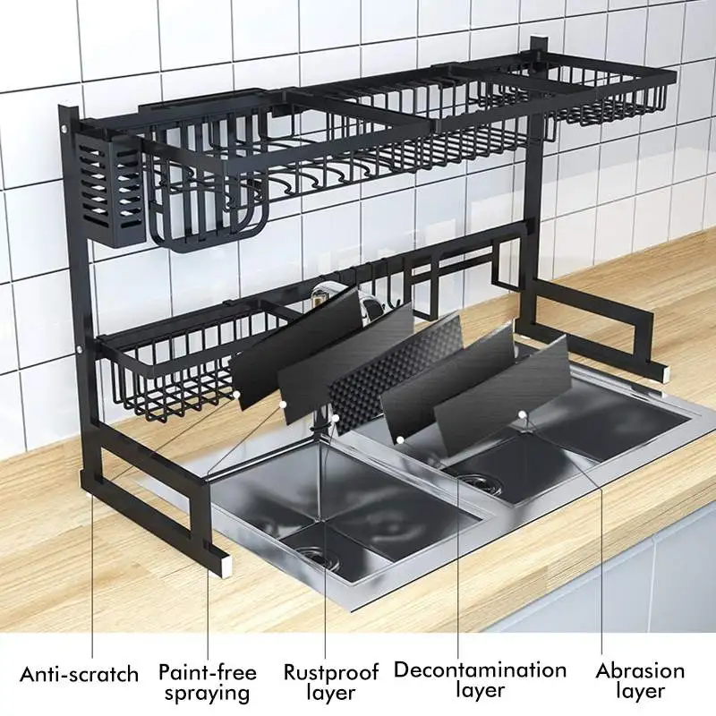 

2-Tier Kitchen Stainless Steel Dish Rack Over Sink Expandable Organizer Storage Drainer Drying Plate Shelf Knife Fork Container