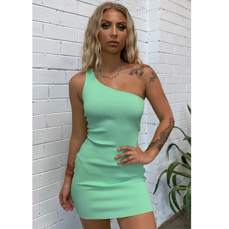 Сексуальное трикотажное мини платье на одно плечо без рукавов летние женские