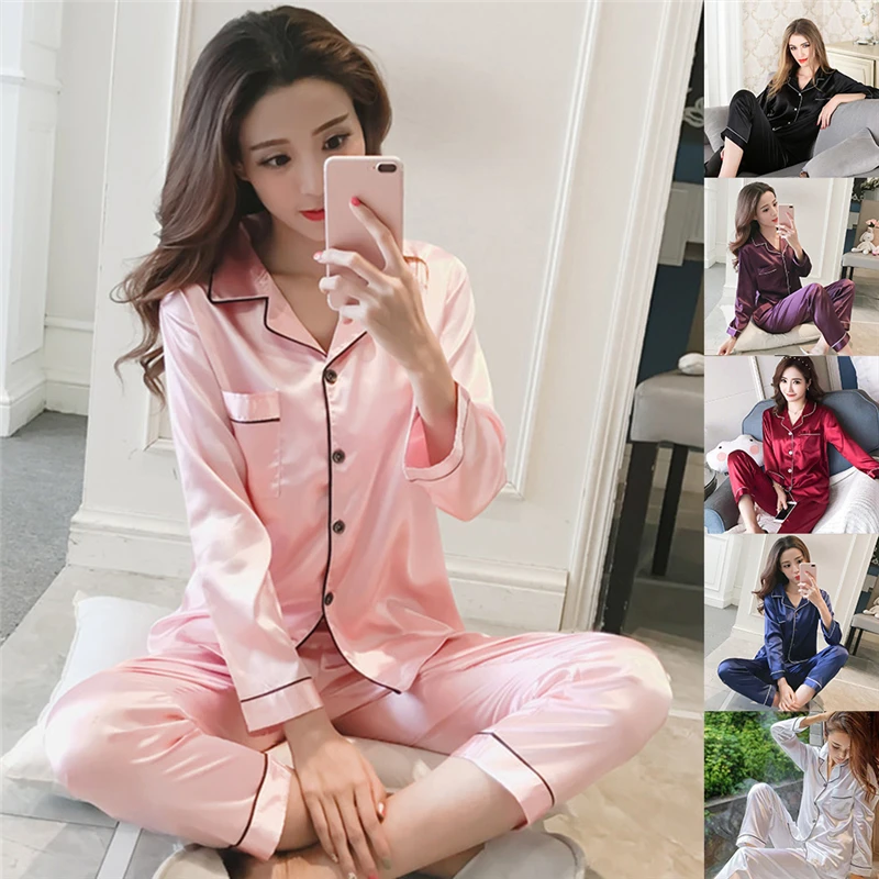 

Women Faux Silk Pajama Sets Satin Pyjama Sleepwear Long/Short Sleeve Large Size Fashion Pajamas For Girl Nightwear New 2023 PJS