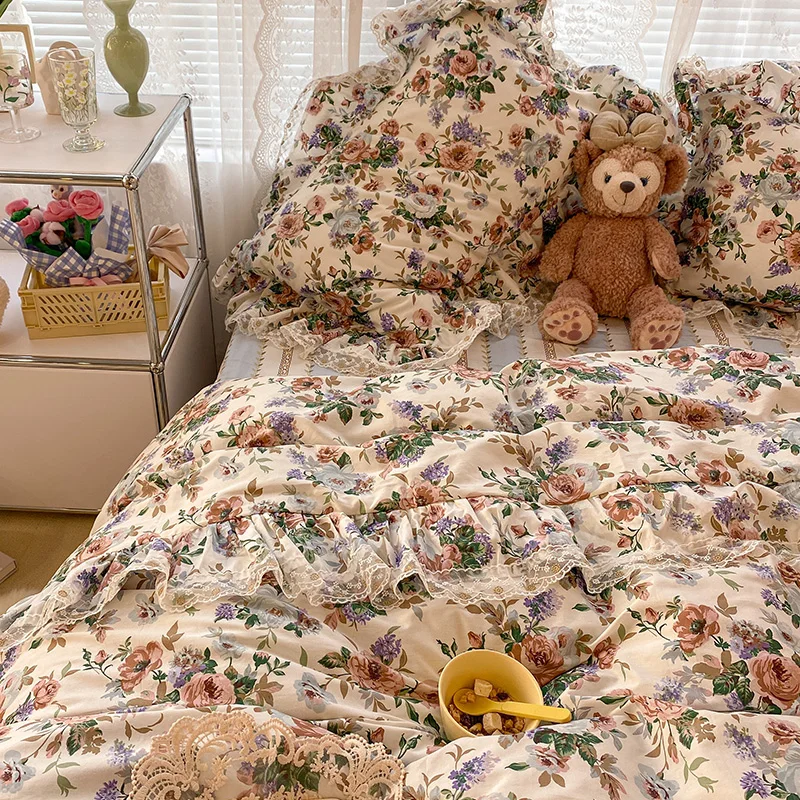 

Cute Princess Bedding Set Lace Floral Printed Sheets 100% Cotton Bed Cover Pillowcase US Queen King Bedding Set 3/4 Pcs
