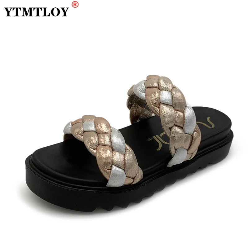 

Summer Fashion Women Slippers Trend Weave Strap Design Platform Wedge Solid Leather Outdoor Slides Beach Sandals Ladies Shoes