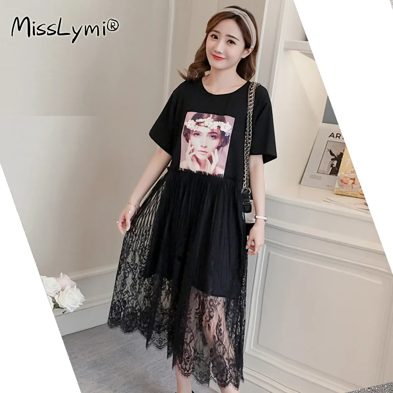 

4XL Plus Size Women Black Lace Dress Summer 2021 Print Patch Cotton Short Sleeve Tshirt Patchwork High Waist A-Line Mesh Dresses