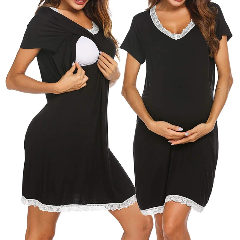 

2021 Summer New Maternity Clothes Women Nursing Maternity Nightshirts Breastfeeding Clothes Short Sleeve Dress Pregnancy Pajamas