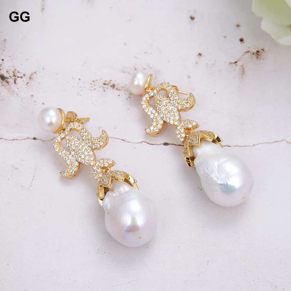 

GuaiGuai Jewelry Natural White Keshi Baroque Cultured Freshwater Pearl CZ Stud Earrings For Women Lady Fashion Jewelry Gift