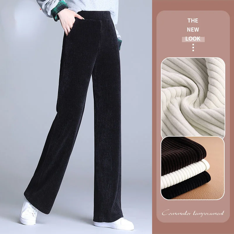 Autumn and Winter Fashion Women's Trousers Thickened  Velvet Corduroy Straight Large Size Solid Color Wide Leg Pants H01