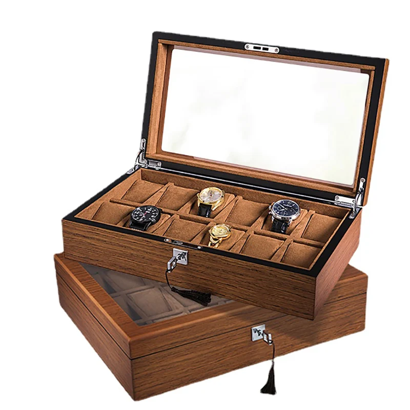 

Wooden Watch Box Organizer for Men 12 Slots Brown Large Mechanical Watch Box Case Pillows Jewelry Storage Box with Lock Gift