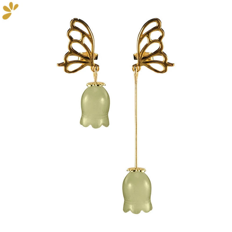 

925 Sterling Silver Gold Plated Butterfly White Jade Flower Stud Earrings Asymmetric Lily Of Valley Earring Fine Jewelry Women