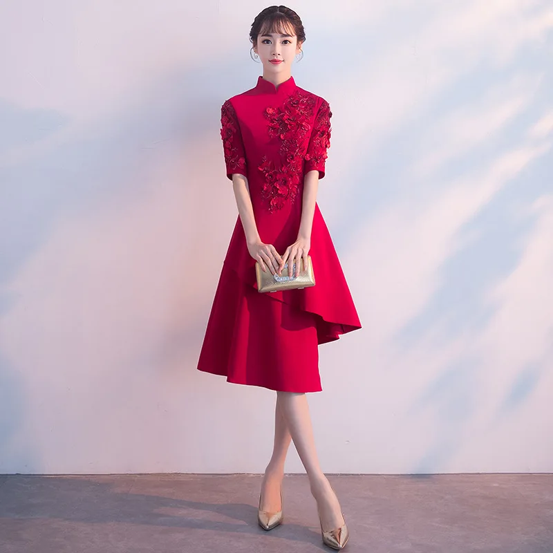

Женское вечернее платье-трапеция, бордовое элегантное платье с аппликацией, рукавом до локтя, на молнии сзади, формальное платье-Ципао разм...