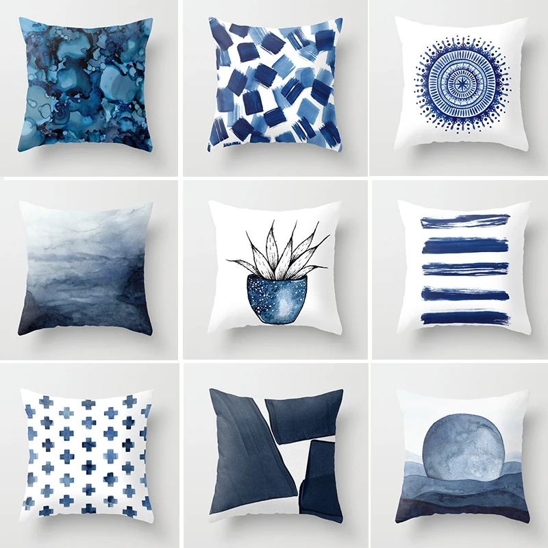 

Чехол для подушки с абстрактным изображением синих чернил, наволочка для подушки, геометрический чехол для подушки, декоративный чехол для ...