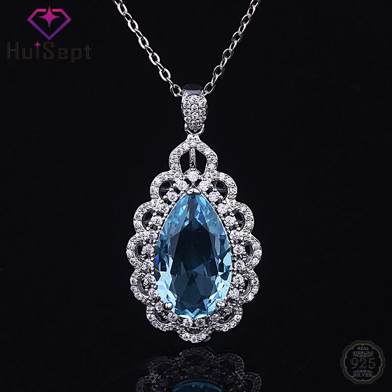 

HuiSept Luxury Silver 925 Women Necklace Jewellery with Water Drop Shape Sapphire Zircon Gemstones Pendant for Wedding Wholesale