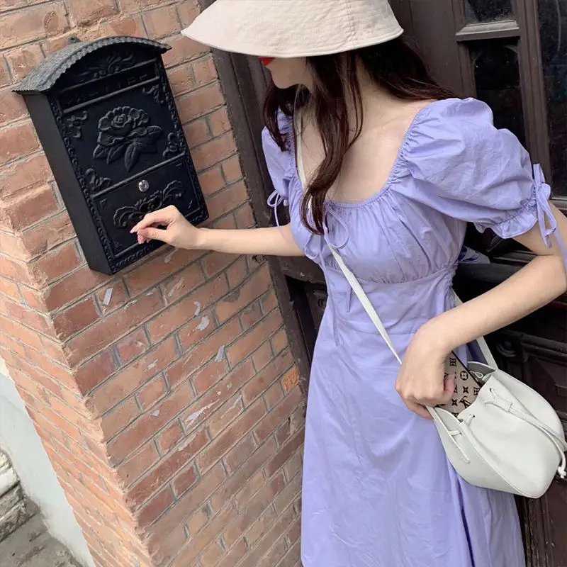 

2021 New Square Neck Skirt Women's Summer Long Platycodon grandiflorum First Love Mori Retro Skinny Purple Dress