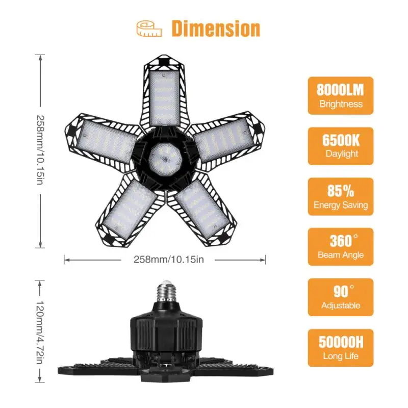 

80W 100W LED Garage Lights Deformation Folding High Bay Light Suitable For Gymnasiums Theaters Warehouses Industrial Lighting