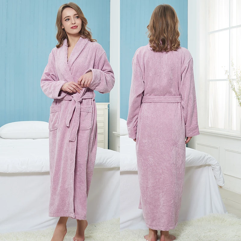 

Women Bathrobe Extra Long Cotton Warm Towel Fleece Bathrobe Winter Thick Thermal Bath Robe Kimono Dressing Gown Bride Peignoir