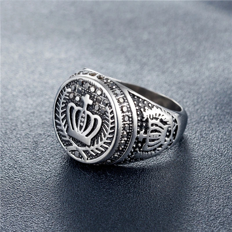 

Bohemian Roman Crown Rings With Cubic Zirconia Fashion Silver Color Stainless Steel Wedding Bands Hip Hop Jewelry For Women
