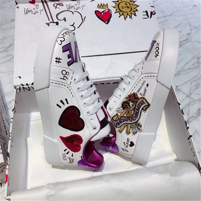 

Luxe Crystal Vrouw Casual Mode Sneakers Graffiti Flats Dames Gevulkaniseerd Schoenen Herfst Witte Sneakers Schoenen Zapatos Muje