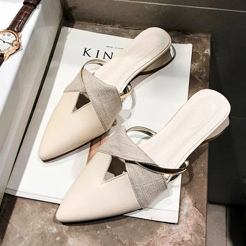 

2021 Women Mules Sexy Pointed-Toe Elegant Low Heel Ladies Slippers Slip on Leisure Design Ladies Office Shoes Beige Pumps Female
