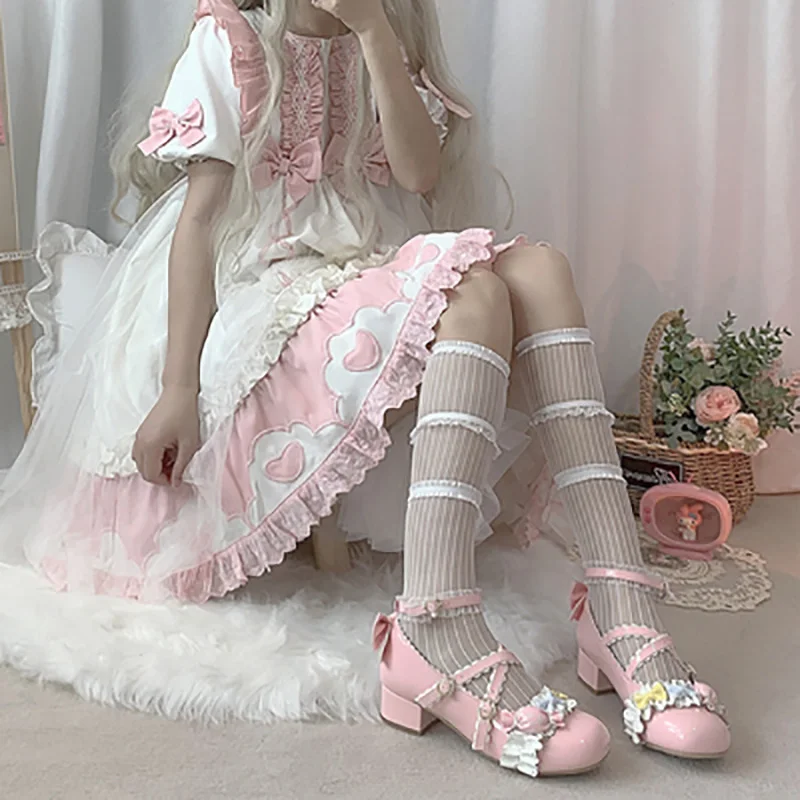 Японский Для женщин Лолита Носки с рисунком из аниме ноги кружевным