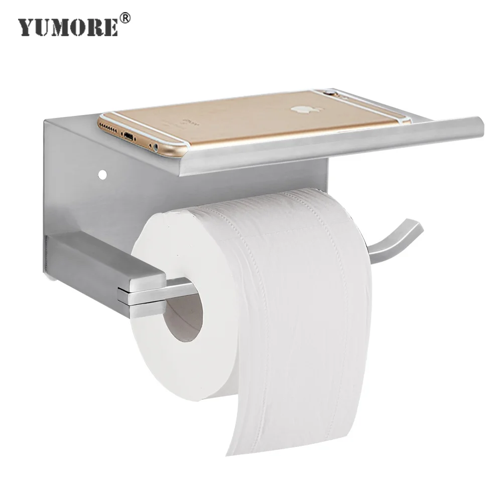 

Держатель для туалетной бумаги YUMORE из нержавеющей стали, держатель для салфеток с полкой для телефона, сверхпрочная полка для рулонной бумаги, оборудование для ванной