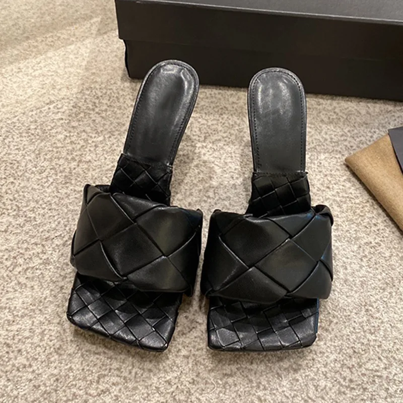 

Women's Square Toe Square Toe Woven Sandals Multicolor Stiletto High Heels Luxury Leather Beach Shoes Sliding 2021 Fashion shoes