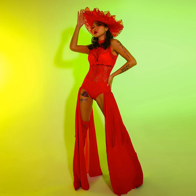 

Sexy Red Lace Transparent Bodysuit Hat Dance Outfit Groups Bar Nightclub Leading Dancer DJ Singer Stage Performance Costume