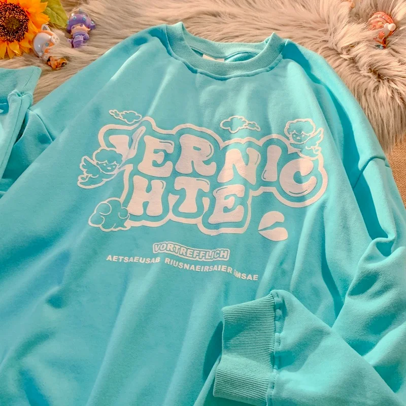 

Lake Blue Letter Print Oversized Crewneck Sweatshirt Women Loose Cute Pullover Long Sleeve Kawaii Clothes Streetwear 2021 Autumn