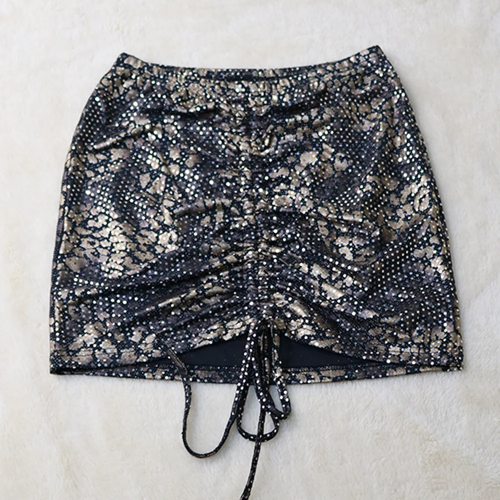 

Women Two Piece Dress Hollow Out Bright Cloth Vest Slim Fit Pleated Drawstring Short Skirt Nightclub Party Two Piece Sexy Suits