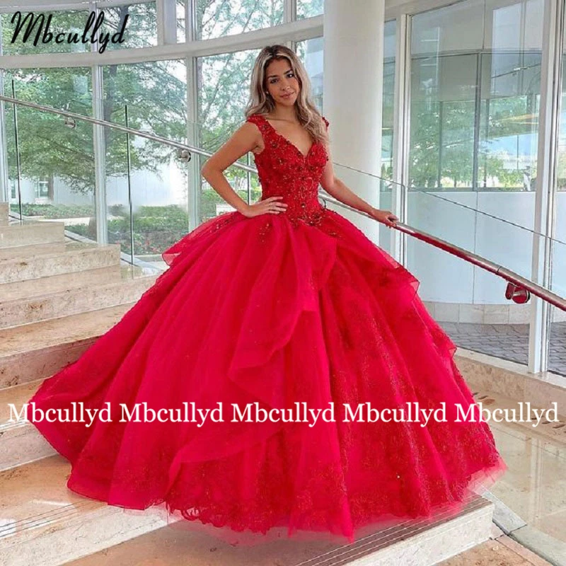 

Роскошные красные Бальные платья для девушек, кружевное Тюлевое платье с аппликацией, бальное платье с V-образным вырезом для выпускного ве...