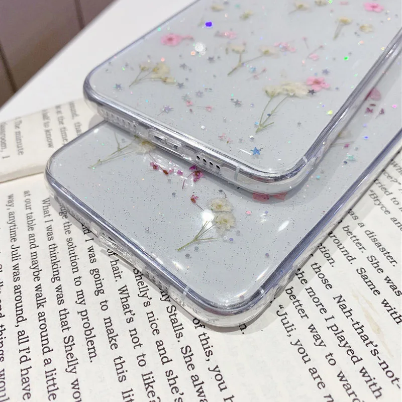 

Bling Glitter Case For Iphone XR Case Real Dry Flower Silicon Fundas On Iphone 12 11 Pro Max mini 7 8 XS SE 2020 6s 6 Plus Cover
