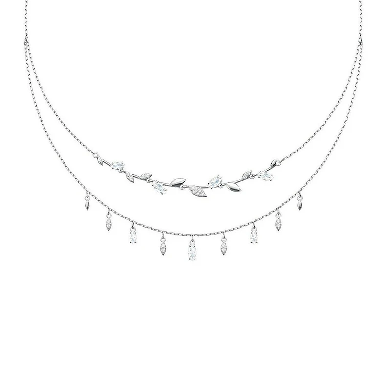 

Fashion Jewelry SWA New Leaf Overlay Necklace White Gold Charming Double Leaf Leaf Shaped Crystal Women's Romantic Jewelry Gift