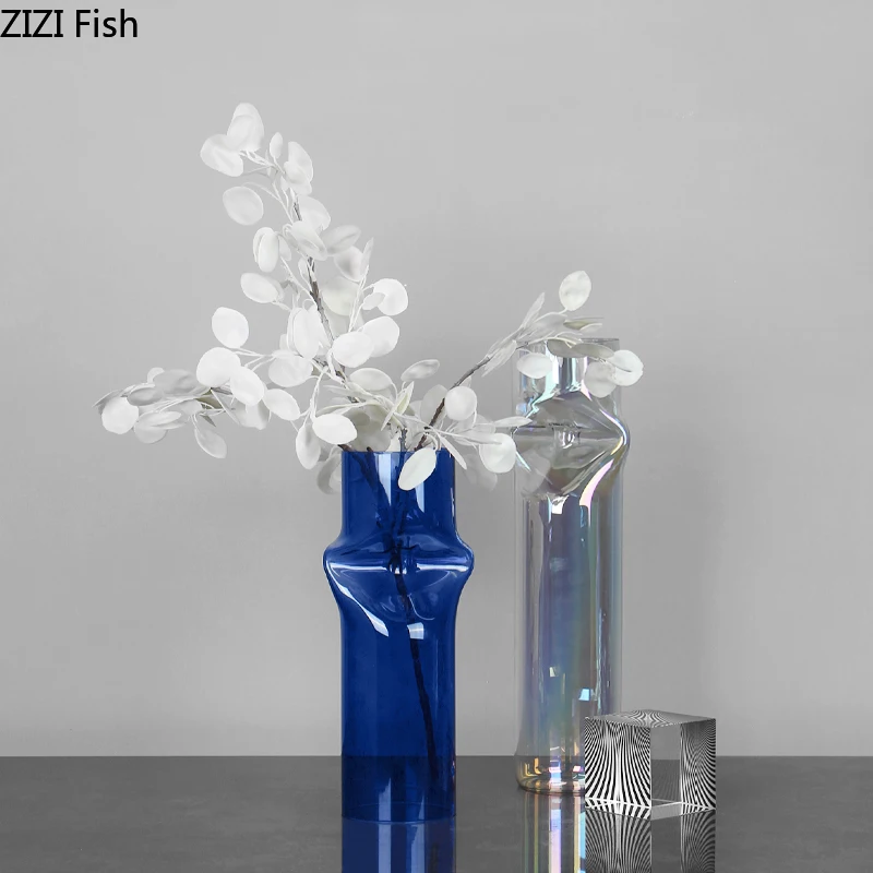 

Modern Electroplating Laser Blue Fold Glass Vase Living Room Study Table Decoration Large Geometric Vases Home Decoration Crafts
