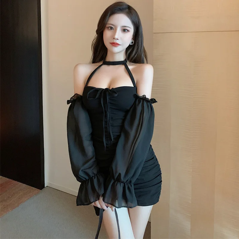 

Осеннее привлекательное Сетчатое облегающее платье-футляр с открытыми плечами и длинными рукавами