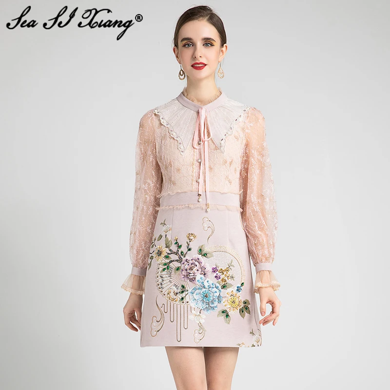 

Seasixiang Fashion Designer Spring Jacquard Dress Women Stand Collar Lantern Sleeve Embroidery Crystal Beading Vintage Dresses