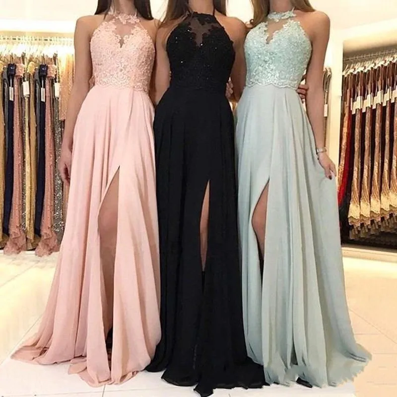 

Elegant Halter Chiffon Long Bridesmaid Dresses Lace Applique Split Prom Guest Dress Maid Of Honor Dresses 2020