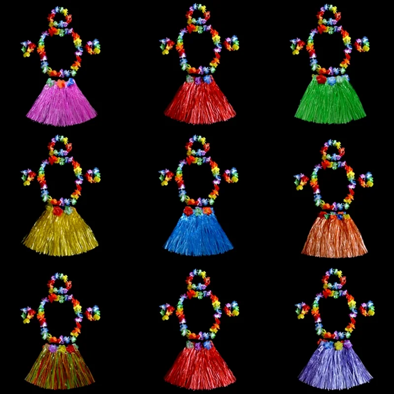 Color Garland Headband Bracelet Plastic Fiber Grass Skirt Hawaiian Seaside Holiday Party Prom Costume Decoration Woman Girl Suit