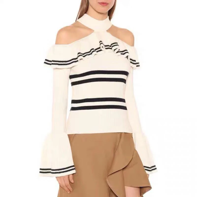 Дизайн для подиума модный полосатый вязаный свитер женский 2019 осень сексуальные