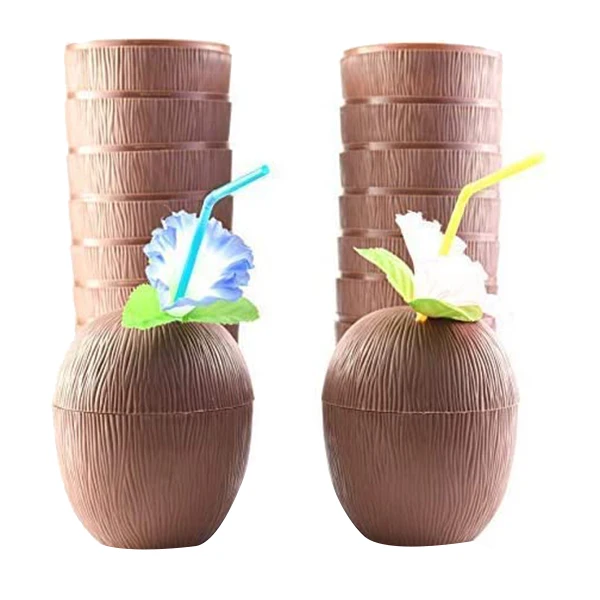 

15 Pack Coconut Cups Hawaiian Luau Kids Party with Hibiscus Flower Straws,Beach Theme Party Fun Drink or Decoration Cups