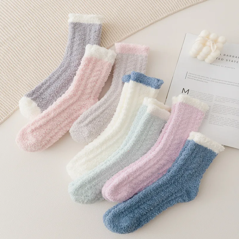 Женские теплые зимние толстые носки, пушистые зимние Разноцветные Милые теплые белые мягкие бархатные нейлоновые носки для сна