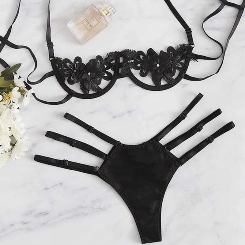 

2pcs/set Sexy Lace Lingerie Bra Set Women Bikini Sets New Female Chic Brief Sets Lady Lace Flower Bra And Panties Femme Unlined