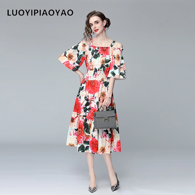 

2021 Summer Fashion Runway Boho Dress Women Off Shoulder Spaghetti Strap Elastic Waist Floral Print Elegant Party Dress